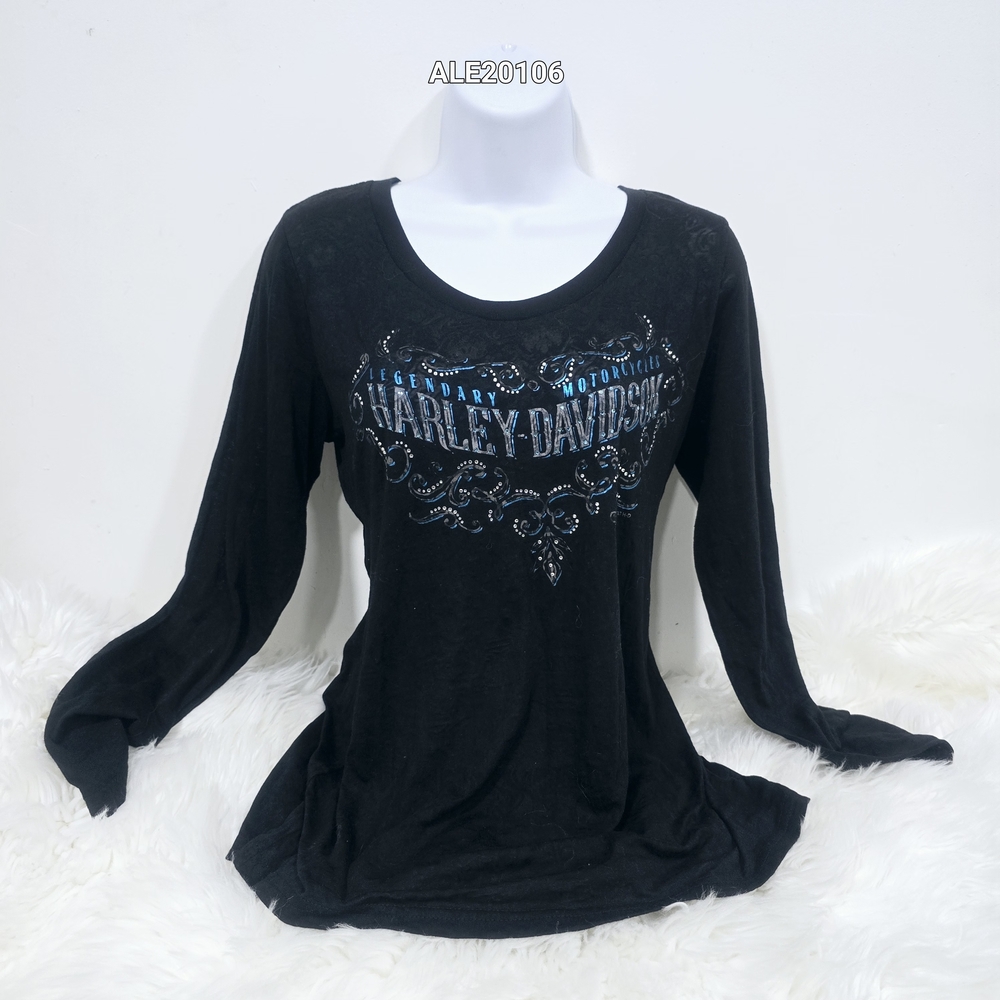 Harley-Davidson women's black translucent long-sleeved t-shirt rhinestone Large - Picture 3 of 17